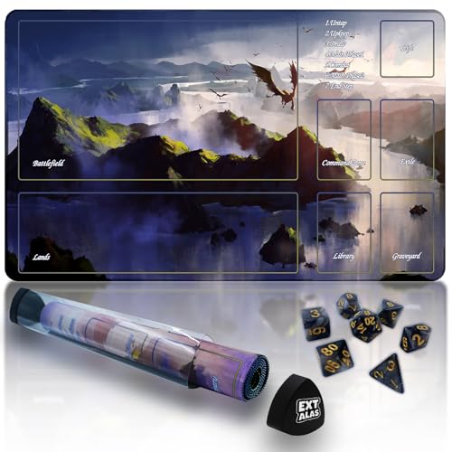 MTG Playmat with Storage Tube & 7-Dice Set - Waterproof TCG Playmat with Stitched Edges, Non-Slip Rubber Card Game Mat (24"x14") (playmat with Zones, 2-Flying Dragons) - color: 2-flying Dragons, style: playmat with zones