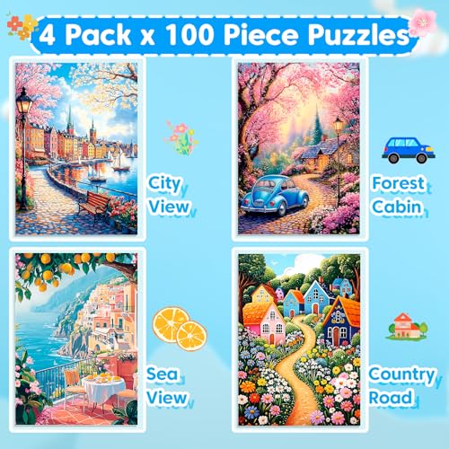 4-Pack 100 Piece Puzzle for Seniors Family Puzzles for Kids Adults | City & Country View - Large Piece Puzzles for Kids Ages 4-6 6-8 8-10 Learning Educational Toys for Boys and Girls - style: City & Country View