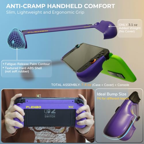 Plenbo FoldeX Switch 2 Grip Case with Detachable Flip Cover- Purple/Green | Dockable Ergonomic Handheld Protective Hard Shell for Nintendo Switch 2, 3-Mode Compatible Joy-Con 2 Controller Grip - color: Neon Purple & Green