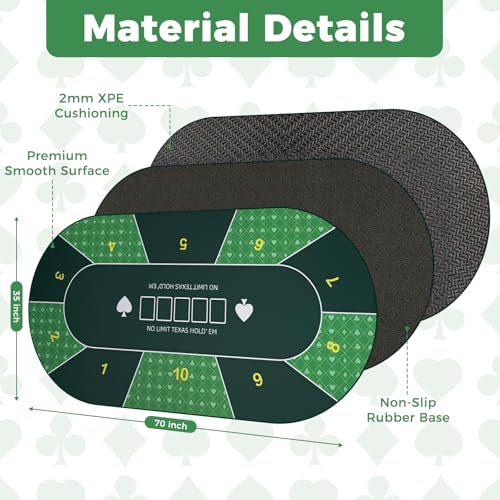Oval Poker Table Top 70 x35 inch Texas Poker Mat for Home Game Nights | Casino Home Card Game Night UP to 10 Player Smooth Surface Non Slip Poker Table Mat Carry Case (Oval-Green) - color: Oval-green