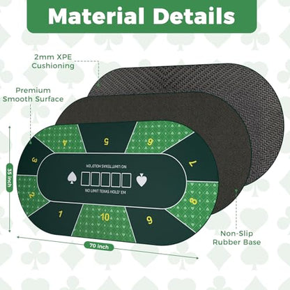 Oval Poker Table Top 70 x35 inch Texas Poker Mat for Home Game Nights | Casino Home Card Game Night UP to 10 Player Smooth Surface Non Slip Poker Table Mat Carry Case (Oval-Green) - color: Oval-green