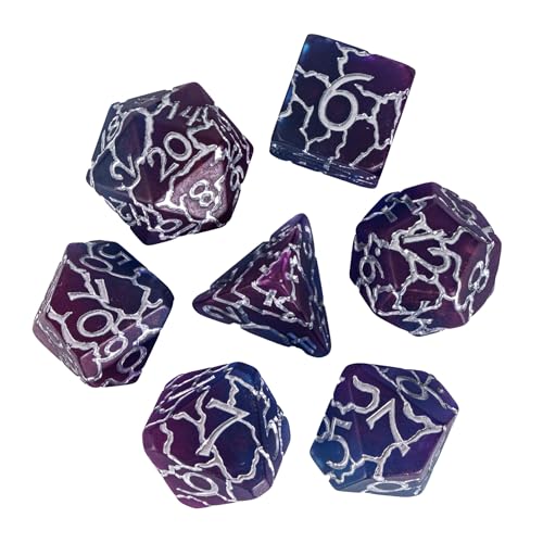 Purple DND Dice Cracked Polyhedral Dice Set D&D for Tabletop Games | Leather Storage Bag, DM Gift, for Dungeons and Dragons Role Playing Games - color: Crackle-silver