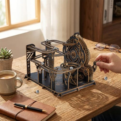 3D Wooden Puzzles for Adults, Mechanical Marble Run Model Kits to Build, DIY Wooden Puzzle with 6 Steel Marbles, Unique Birthday Gifts for Women Men - color: Darkwood Golden Wheel