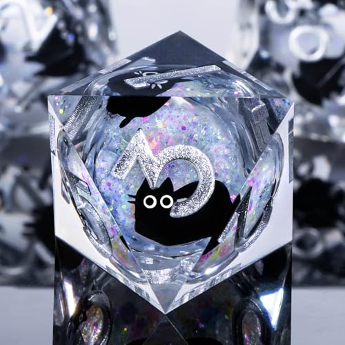 Roycevon Resin DND Dice Set with Gift Box, 7Pcs Liquid Core Cat D&D Dice, Cute Dungeons Dragons D and D Dice, Sharp Edge Role Playing Game Dice D20 D12 D10 D8 D6 D4, Rainbow White - color: Rainbow White