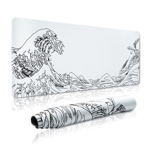 Large Gaming Mouse Pad for Desk,Kanagawa XXL Mouse Pad 35.4x15.7 Inch,Waterproof Desk Pad,Non-Slip Rubber Base Mice Pad,Keyboard Pad Computer Mat,White Mouse pad - color: Kanagawa(white)