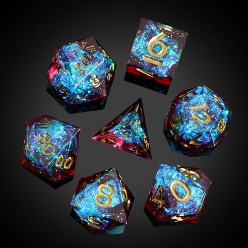 7PCS DND Dice Set,Handmade Sharp Edge Dice Set D&D RPG Polyhedral Die,for Dungeons and Dragons TTRPG Games Roleplaying Games Pathfinder,with Gift Box(Blue with Red) - color: Starry Sky(blue With Red)
