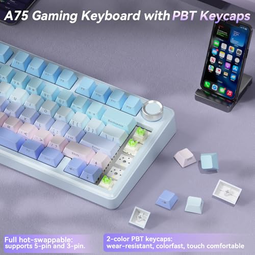 SOLAKAKA A75 Wireless Mechanical Keyboard, Hot Swappable Gaming Keyboard with RGB Backlit, Multifunction Knob, Gasket Mounted Creamy Keyboard, BT5.0/2.4GHz/USB-C, 75% Compact Layout for Win/Mac/PC - color: Gradient-BluePurple