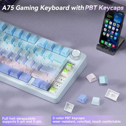 SOLAKAKA A75 Wireless Mechanical Keyboard, Hot Swappable Gaming Keyboard with RGB Backlit, Multifunction Knob, Gasket Mounted Creamy Keyboard, BT5.0/2.4GHz/USB-C, 75% Compact Layout for Win/Mac/PC - color: Gradient-BluePurple