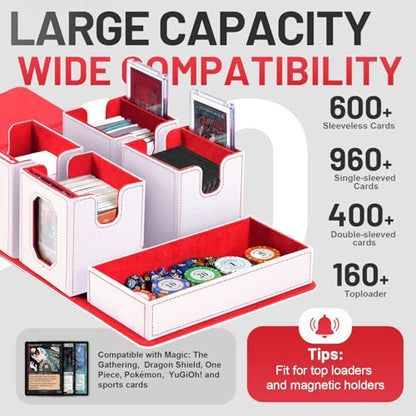 Trading Card Storage Box with Commander Display for MTG, TCG, Sports Cards, 5-in-1 Card Deck Box, Holds 450+ Double-Sleeved Cards, 4 Individual Deck Cases with Covers, Dice Tray & Magnetic Holders - color: White & Red