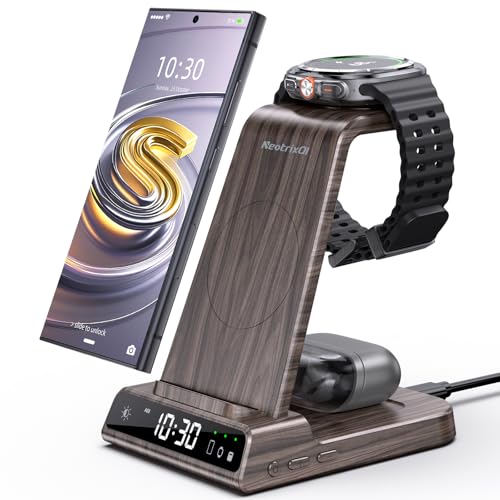 Wireless Charger for Samsung, Android Charger for Samsung Galaxy S25 Ultra | Charging Station for Samsung Phones, Galaxy Watch, Galaxy Buds. (Not for Apple Watch; Nightstand Charger, Adapter Included) - color: Woodgrain