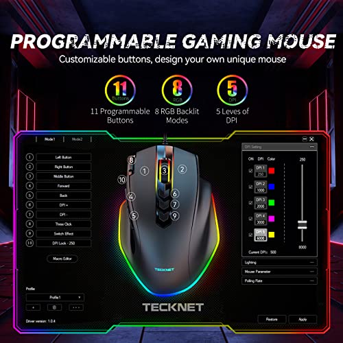 TECKNET Wired Gaming Mouse, Ergonomic Gaming Mouse with 8000DPI, RGB Computer Mice with 11 Programmable Buttons, PC Gaming Mice for Notebook Laptop Mac Book, Fire Button(Ratón de juego)