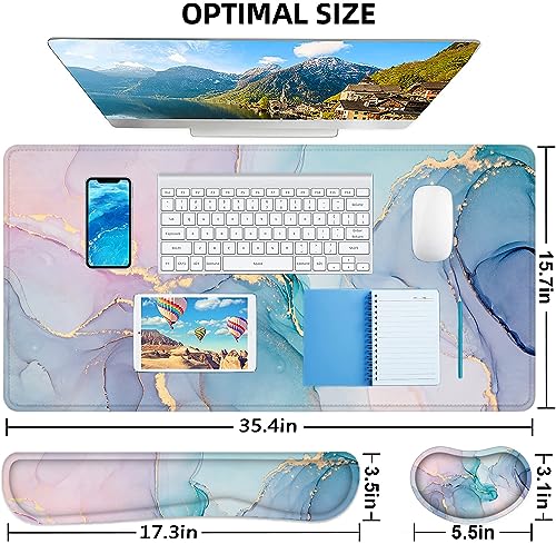 Large Mouse Pad with Wrist Rest, 4-in-1 Wrist Rest for Keyboard and Mouse | Non-Slip Waterproof Desk Mat Set, 35.4"x15.7" Desk Mat+Keyboard Wrist Rest+Mouse Wrist Support+Cup Coaster for Home Office - color: Green Marble-35.4''x15.7''