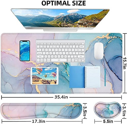 Large Mouse Pad with Wrist Rest, 4-in-1 Wrist Rest for Keyboard and Mouse | Non-Slip Waterproof Desk Mat Set, 35.4"x15.7" Desk Mat+Keyboard Wrist Rest+Mouse Wrist Support+Cup Coaster for Home Office - color: Green Marble-35.4''x15.7''