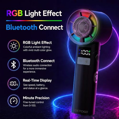 Portable Handheld Turbo Fan - Bluetooth Music Fan with LED Display 100-Speed 3000mAh Rechargeable RGB Lighting - Foldable Design 4in1 personal fan for Festivals Concerts Sports Travel & Gifts - color: Black