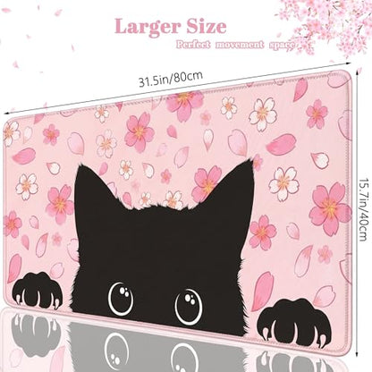 Black Cat Mouse Pad Extended Large Cute Pink Cherry Blossom Desk Mat Big Floral Flowers Desk Pad Set XXL Aesthetic Paw Gaming Mouse Pad for Keyboard Computer Laptop Home Office Girl 31.5X15.7Inches - color: Cherry Blossom Cat