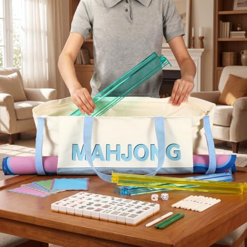 Abbylike 28x9 Inches Mahjong Bag for Rolled Mat Tiles Racks Pushers Accessories Empty Mahjong Tote Bag with Zipper Closure Outer Pockets Lining Large Capacity(Light Blue,Canvas) - color: Light Blue