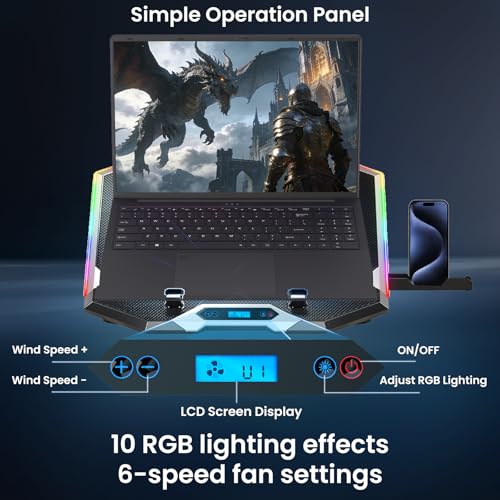 Laptop Cooling Pad with 8 Cooling Fans, Cooling Pad for Gaming Laptop Fan 12-17.3 Inch, Laptop Cooler Stand with 5 Height Adjustable, Notebook Cooler Pad with 2 USB Port, Phone Stand (8 Fans)