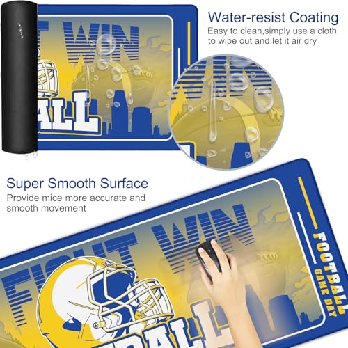Football Desk Mat, Large Stitched Edges Gaming Mouse Pad, Blue Gold City Design Keyboard Mat for Laptop Computer Desktop - 31.5x12 Inch for Football Fans - color: Blue Gold Football