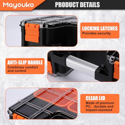 Mayouko Double Side Tool Box with Transparent Lid, 8 Movable Small Trays & Removable Dividers, Multi-Function Small Parts Organizer, for Hardware, Screws, Bricks, Nails, Jewelry and Fishing Tackle - size: 15.16"L x 12.8"W x 6.3"H