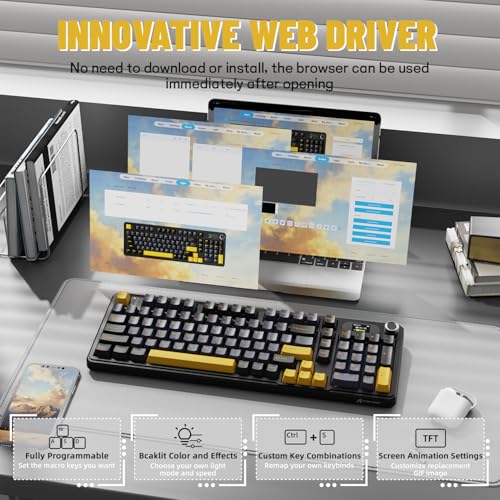 MAMBASNAKE Attack Shark X98 Pro Wireless Mechanical Keyboard with Screen & Knob, 2.4G/USB-C/BT5.0 Gasket Hot Swappable Creamy Keyboard102 Keys, Web Driver RGB Gaming Keyboard for PC/Mac/PS4/Xbox - color: Black/Yellow