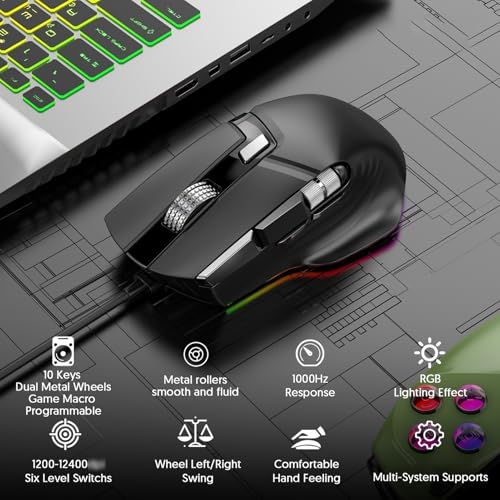 Zunate RGB Wired Gaming Mouse, 12400 DPI, Dual Wheels, 11 Buttons | 7 RGB Modes, 12400 DPI, 1000Hz Polling, 11 Buttons, 20 Macros, Dual Wheels, Ergonomic Wired Design