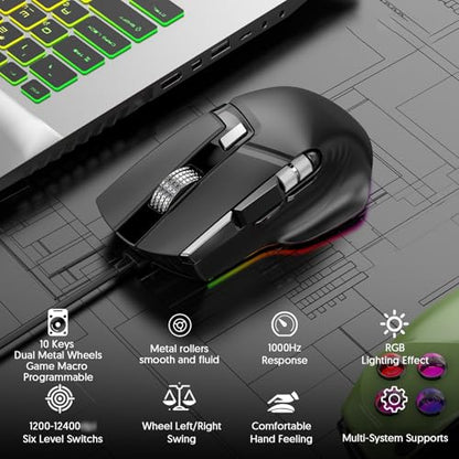 Zunate RGB Wired Gaming Mouse, 12400 DPI, Dual Wheels, 11 Buttons | 7 RGB Modes, 12400 DPI, 1000Hz Polling, 11 Buttons, 20 Macros, Dual Wheels, Ergonomic Wired Design