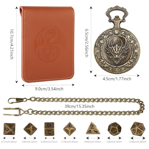 Mini DND Dice Set, Steampunk Dragon Head Pocket Watch Shell Case, 7 Piece Polyhedral D&D Dice, DND Leather Gift Bag with Dragon Logo, MTG, Role Play Board Game Accessories, Bronze Dragon Gifts - color: Dragon Head