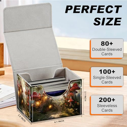 DEGDFSGR Card Game Storage Box for TCG MTG Deck Box Organizer Trading Card Case Commander Deck Box Magnetic Closure Creative Pattern Up to 200 Cards, Enchanting Mushroom Houses - color: Enchanting Mushroom Houses
