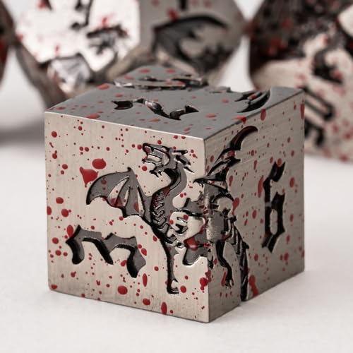 Metallic DND Dragon Dice Set,Metal Sharp Edge Polyhedral Dice with Dragon for Dungeons and Dragons RPG TTRPG D&D 7-Die Set with Gift Case - color: Dragon-ancient Nickel Bloodstain