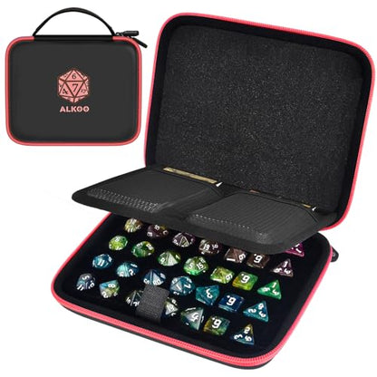 Hard DND Dice Case for 5 Polyhedral Dice Sets, Case Only | Hard shell dice case, holds 5 polyhedral sets, with removable divider and dual mesh pockets for DND/RPG game nights - color: Red