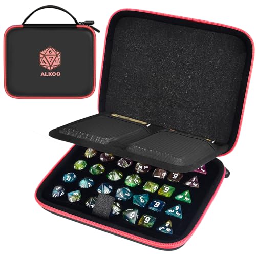 Hard DND Dice Case for 5 Polyhedral Dice Sets, Case Only | Hard shell dice case, holds 5 polyhedral sets, with removable divider and dual mesh pockets for DND/RPG game nights - color: Red