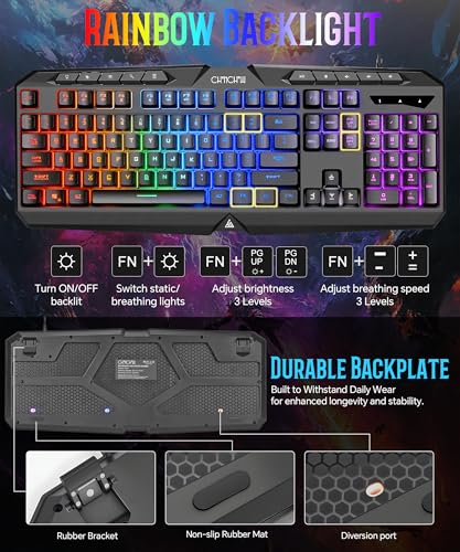PC Gaming Keyboard and Mouse Combo Wired with Backlit, RGB Light up Mouse | 10 Extra Multimedia Buttons, 19 Anti-ghosting Keys, Waterproof, 7200 DPI Programmable Gaming Mouse with Software for PS5 Xbox