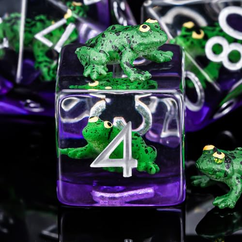 Resin D&D Dice Set, Green Frog Animal Polyhedral Dice for Dungeons and Dragons, RPG, MTG DND 7-DIE (D4, D6, D8, D10, D12, D20, D%) - color: Green Frog