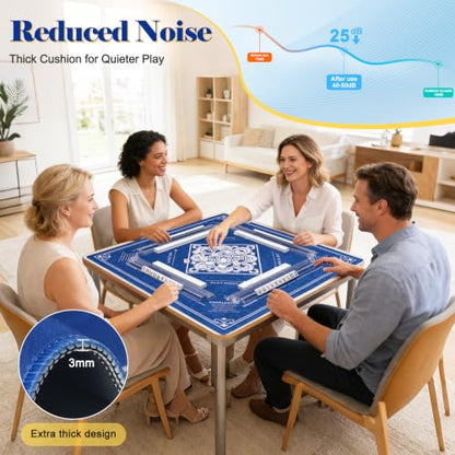 Shipped Rolled Mahjong Mat with Rules Without Creases, 3mm, 32.5" x 32.5" | Anti-Slip Rubber Base, Travel-ready with Carry Bag, Soft & Water-Repellent Surface, Noise-Reduce, for Poker & Card game - color: Blue