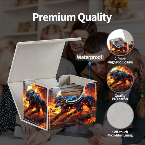 PU Leather Deck Box for MTG Commander Cards, Fits 100+ Double Sleeved Cards, Secure Magnetic Trading Card Storage Case for TCG CCG,Fiery Spirit Wolf - color: Fiery Spirit Wolf