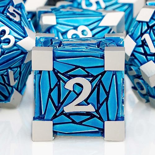 7PCS Metal DND Dice Set with Box, Debris RPG Blue D and D Dice for use with D&D Tabletop Games Role Playing Game Polyhedral Dice Set D20 D12 D10 D8 D6 D4 - color: Silver Blue