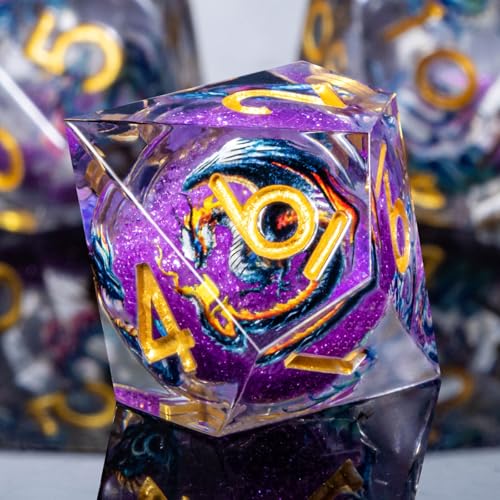 Roycevon Dragon Pattern Liquid Core DND Dice Set, 7Pcs Sharp Edge Dice with Gift Box, Purple Resin Dungeons Dragons D and D Role Playing Dice D20 D12 D10 D8 D6 D4 - color: Purplr Gold