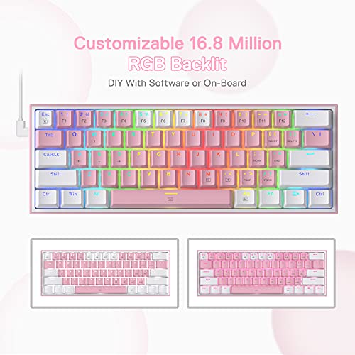 Redragon K617 Fizz 60% Wired RGB Gaming Keyboard, 61 Keys Hot-Swap Compact Mechanical Keyboard w/White and Pink Color Keycaps, Linear Red Switch, Pro Driver/Software Supported - color: Pink