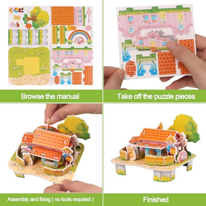 LOAVER 12 Pack 3D House Building Puzzles Kit for Kids,3D DIY Jigsaw Cartoon Paper Puzzles Toy Set for Children Gifts Hand-on Crafts School Prizes