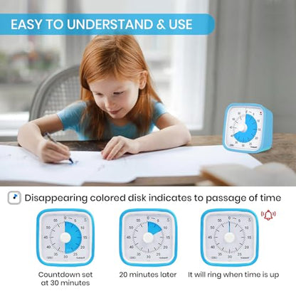 Visual Timer, Silent 60-min Countdown Timer for Kids, Blue Blue | Protective Case, Time Management Tool, Mute and Ringing Alarm Available, Low Power Reminder, for Study,Game,Work,Fitness etc - color: Blue Blue