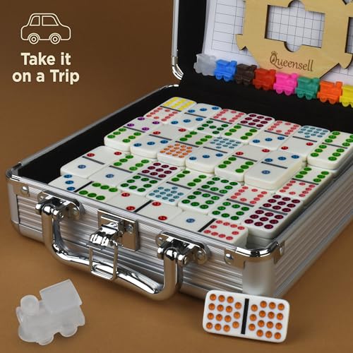 Queensell Mexican Train Dominoes Set Double 15 for Adults and Family, Mexican Train Double 15 Dominoes Set Colored Dot - 136 Tiles, 9 Trains, Wooden Hub, Aluminum Case (Double 15) - style: Double 15