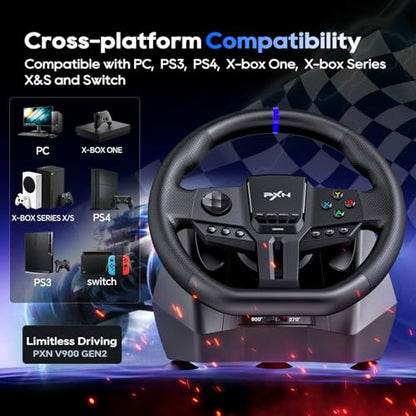PXN Gaming Steering Wheel - 270/900° V900 GEN2 Sim Racing Wheel | Hall Effect 2-pedal Set, Responsive Paddle Shifters - for Xbox One, Xbox Series S|X, PC, PS4, Switch
