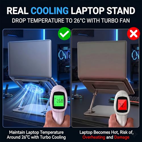Laptop Cooling Stand with 12cm Turbo Fan, Ergonomic Dual-Axis Laptop Riser with 30cm Height Adjustment & 180° Rotation, 20KG Bearing Desk Stand for 11"-17" Laptops, Tablets, Gaming & Work (Silver)