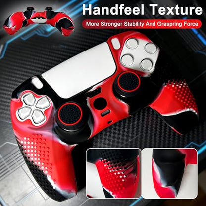 Anti-Slip Red&Black Controller Skin,Studded Edition Protective Silicone Cover Skin Grips Compatible with PS5/Slim/Pro Controller and 6 PCS Thumb Grips Caps. - color: Red & Black