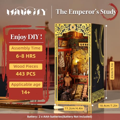 MiniCity Emperor's Study Book Nook Kit, 3D Wooden Bookshelf Puzzle with LED | 7.1 x 4.3 x 9.1 in; 443 pieces, LED and dust cover; glue/tools and guide included; 8-10 hr DIY build for display, ages 14+. - style: The Emperor's Study