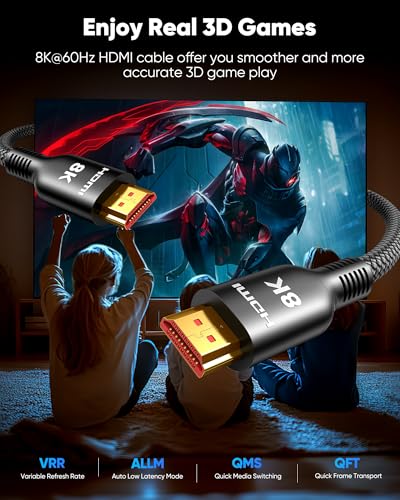 Highwings 8K HDMI Cable 6.6FT, Ultra High Speed HDMI 2.1 Cord 48Gbps | Ultra HD Braided Cable-8K@60Hz 4K@120Hz, DTS:X, eARC,HDCP 2.2&2.3-Compatible for UHD TV/PS5/ SoundBar/ AVR - size: 6.6 feet