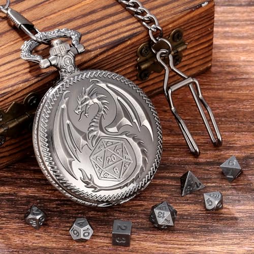 Mini DND Dice Set with Dragon Engraved Pocket Watch Shell Case, 7pcs Polyhedral Metal D&D Dice Set, DND Gifts with Gift Box, Role Playing Board Games Accessories, Dark Silver - color: Dark Silver