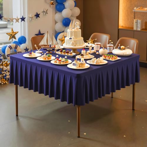 Navy Blue Square Tablecloth - 48x48 Inch Elastic Small Card Table Cover | with Ruffle Pleated Table Skirt, Wrinkle-Free Spandex Mahjong Table Cover, for Dining, Kitchen, Patio, Banquet & Party Decor - color: Navy Blue, size: 48" x 48" (Square-1 Pack)