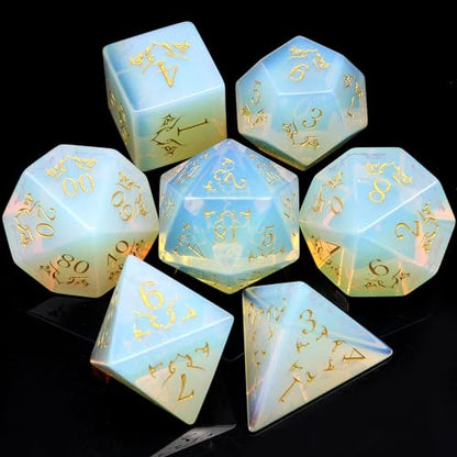 Haxtec Opal Gemstone DND Dice Set with Dice Case Precious Gemstone Dice Set for Dungeons and Dragons TTRPG Gifts for Dungeons Masters - color: White Gold