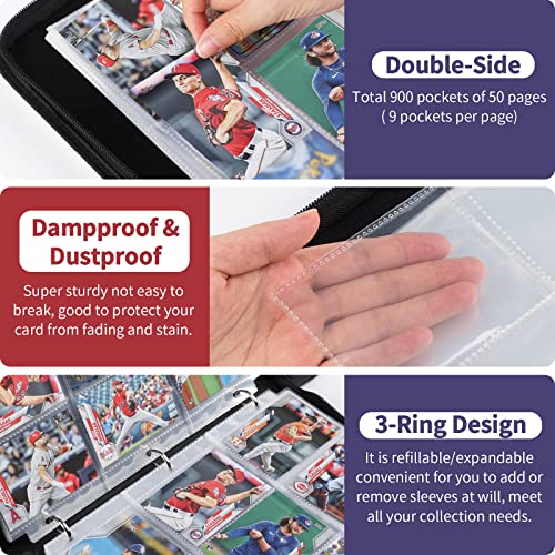 Baseball Card Binder, 900-Pocket Trading Card Holder with Sleeves | Store 900 Baseball Cards, 50 Double-Sided Sleeves, Zippered Protection, Fits Topps Cards, Gift for Collectors - size: 900 Pockets